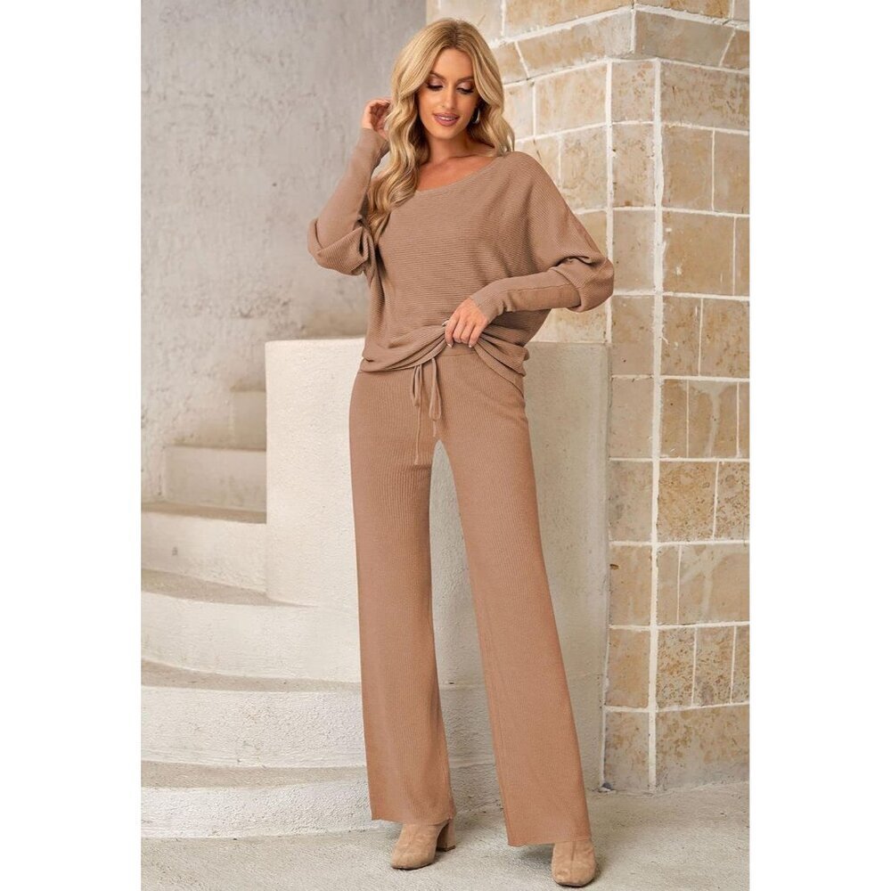 Women’s Knit Two-Piece Set Off-Shoulder Sweater Wide Leg Pants Loungewear - Picture 3 of 8